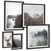 BILDER SET 5er Set - 50x50 cm & 20x30 cm & 40x60 cm Schwarzer Rahmen - Berglandschaft Nebel Hirsch - Schwarz, Kunststoff (40/60cm) - TULUP