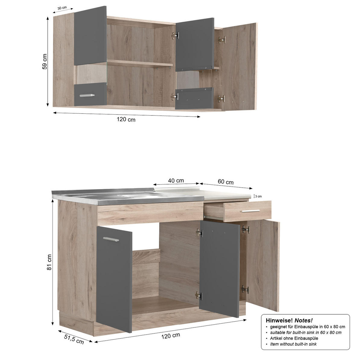 KÜCHENLEERBLOCK 120 cm in Grau - Naturfarben/Grau, Holz (120/206/60cm) - Homestyle4u