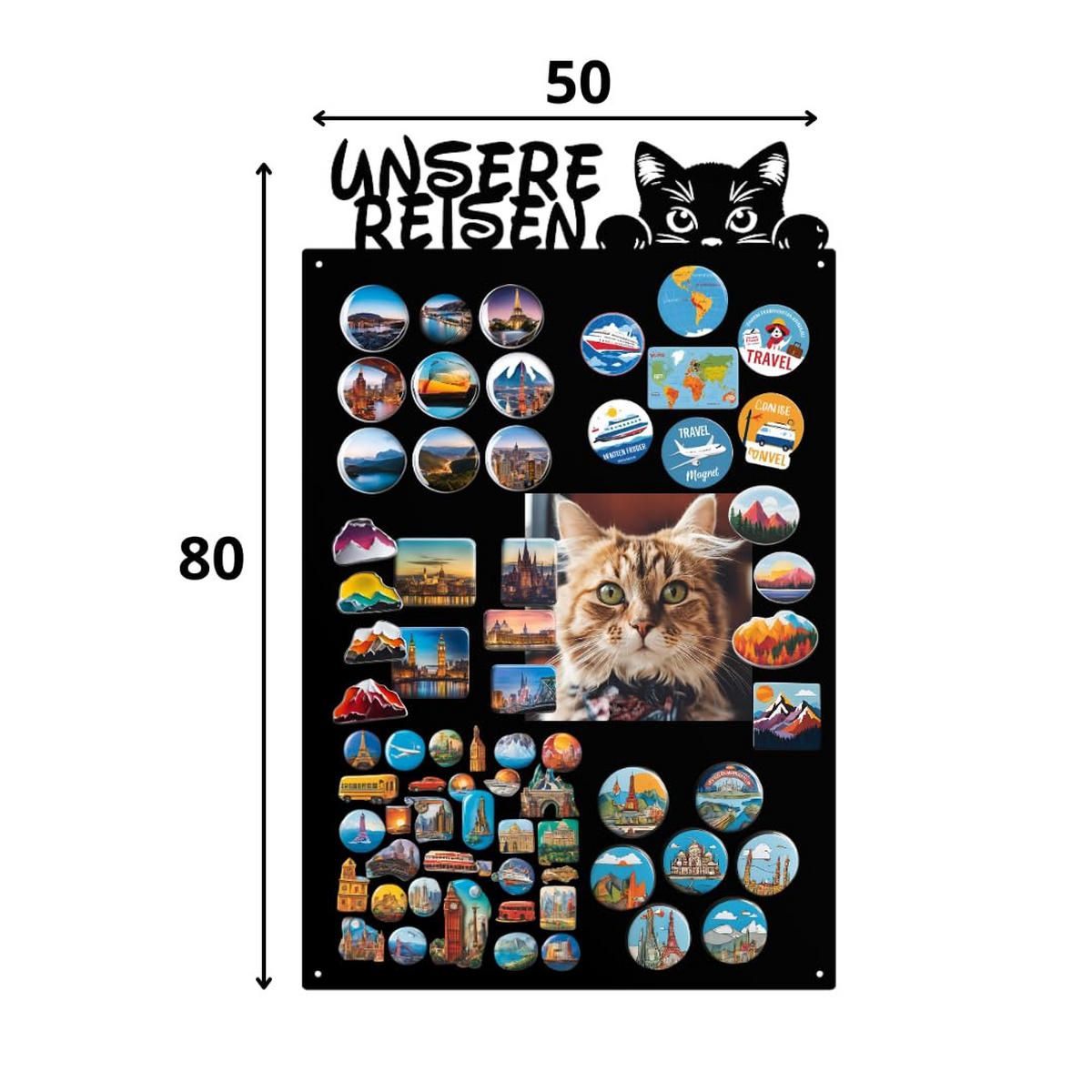 MAGNETTAFEL - Magnetische Pinnwand mit Katzenmotiv - ideal für Magnete und Notizen - Schwarz - 80x50 cm - Schwarz, Metall (50/80/0.7cm) - ANWICAR