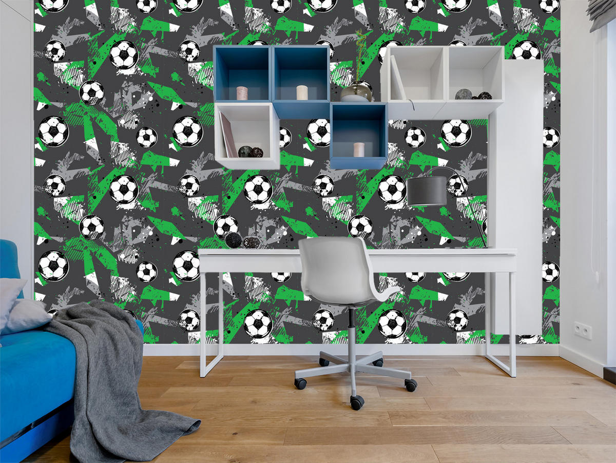 VLIESTAPETE Abstraktes Fußball-Graffiti – Grün, Grau, Schwarz – 50x1000 cm - Schwarz/Grau, Papier (50/1000cm) - Muralo