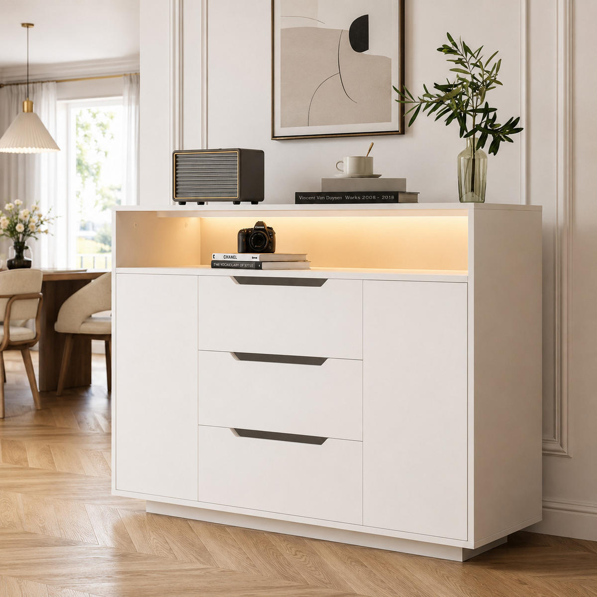 SIDEBOARD Offenes Regal Schubladen Türen Stauraum Metallführungen abgerundet - Weiß, Holzwerkstoff/Metall (120/85/40cm) - EVRYAE
