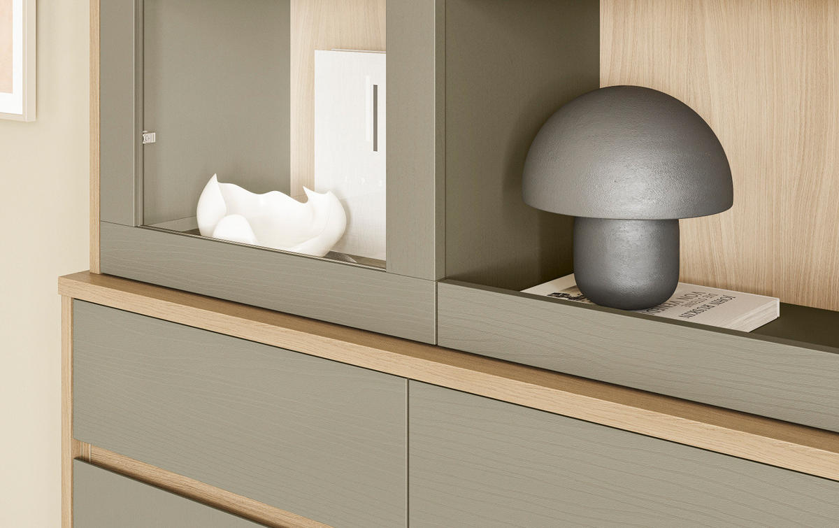 BUFFET Salbei grün, Eiche, Vitrinenschrank skandinavisch 164 x 195 cm, Soft-Close - Salbeigrün/Eichefarben, Glas/Holzwerkstoff (164/195/39cm) - Furn.Design