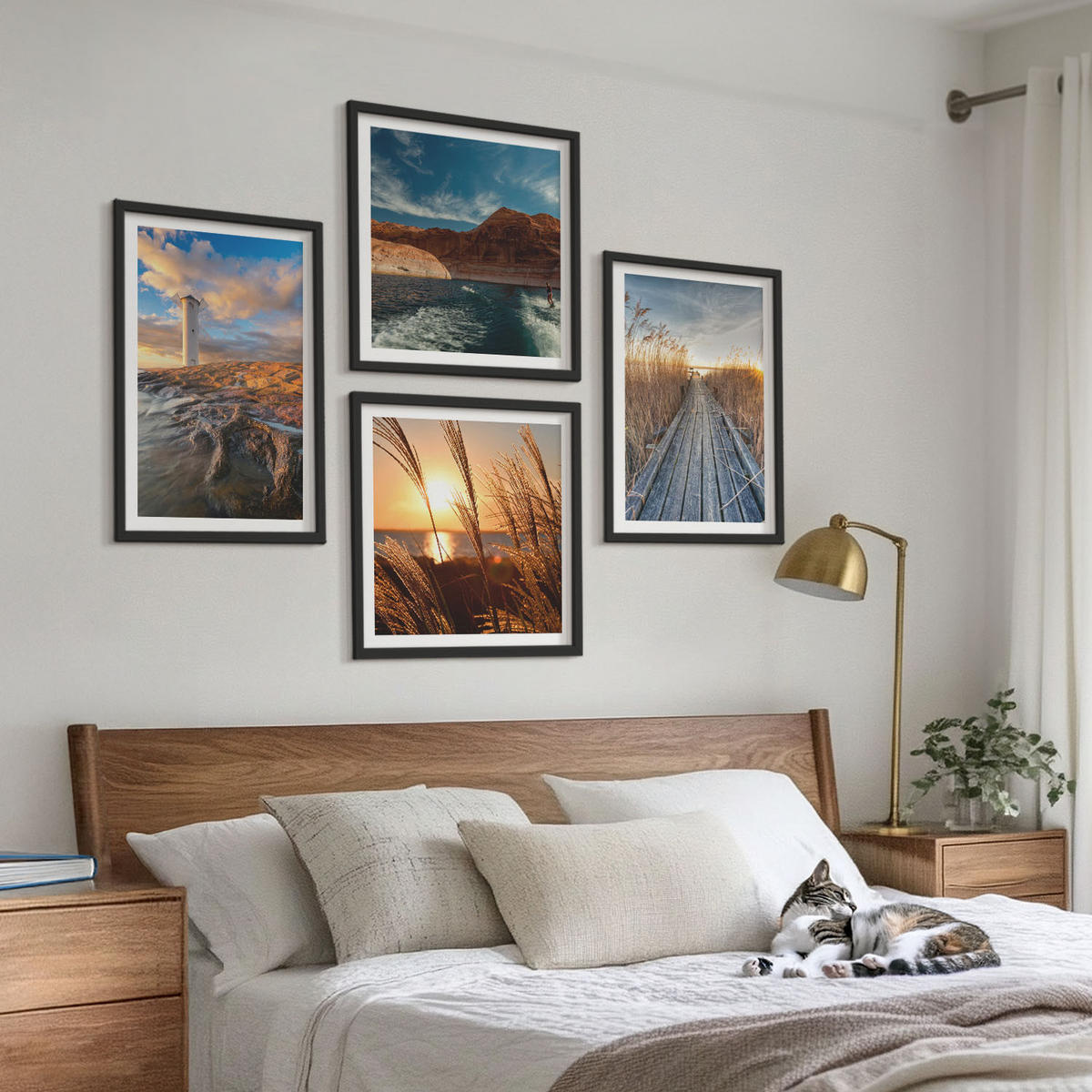 WANDBILDER 4er-Set - 50x50 cm & 40x60 cm Schwarzer Rahmen - Leuchtturm-Grassteg - Schwarz, Kunststoff (50/50cm) - ArtPrintCave