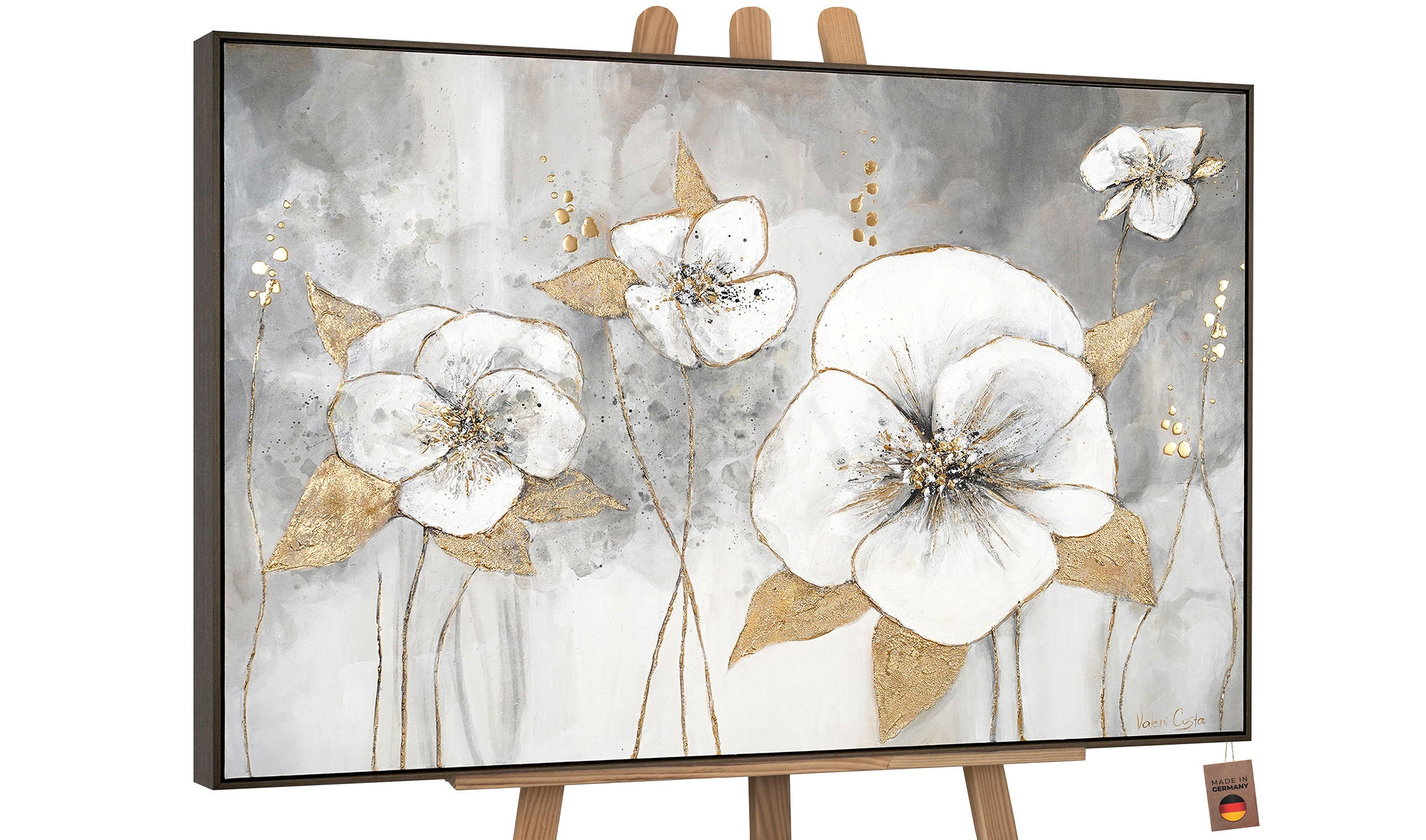 GEMÄLDE Goldene Blüten Schattenfugenrahmen Grau 120x80 cm - Grau, Holz (120/80cm) - YS-art gallery