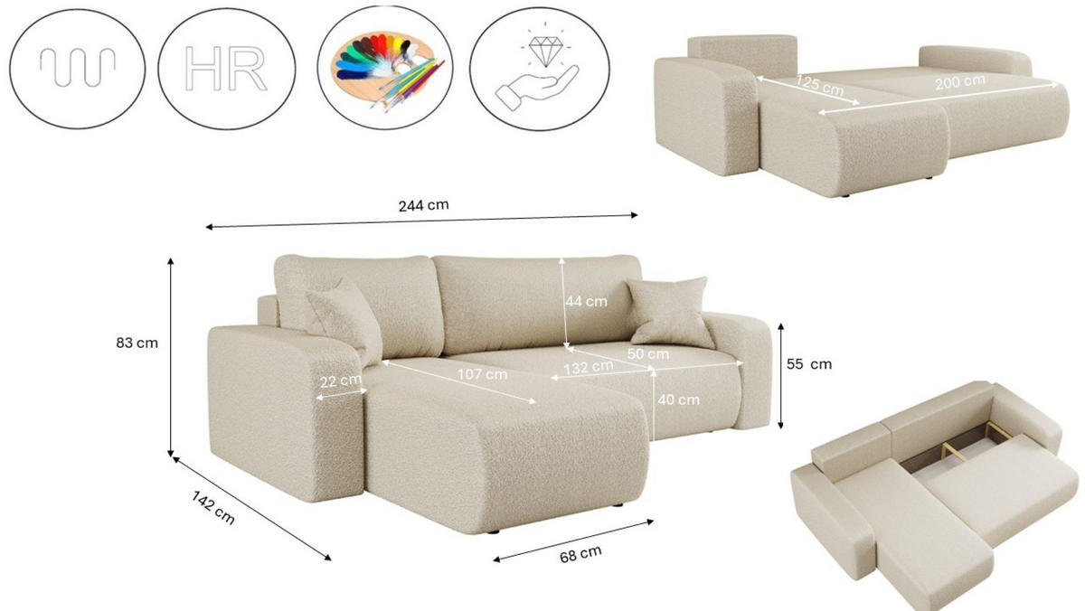 ECKSOFA L-FORM Schlaffunktion Und Bettkasten Eckcouch MILANO L Stoff Quelle Ecru Links - Ecru, Holz/Textil (142/244cm) - Kaiser Möbel
