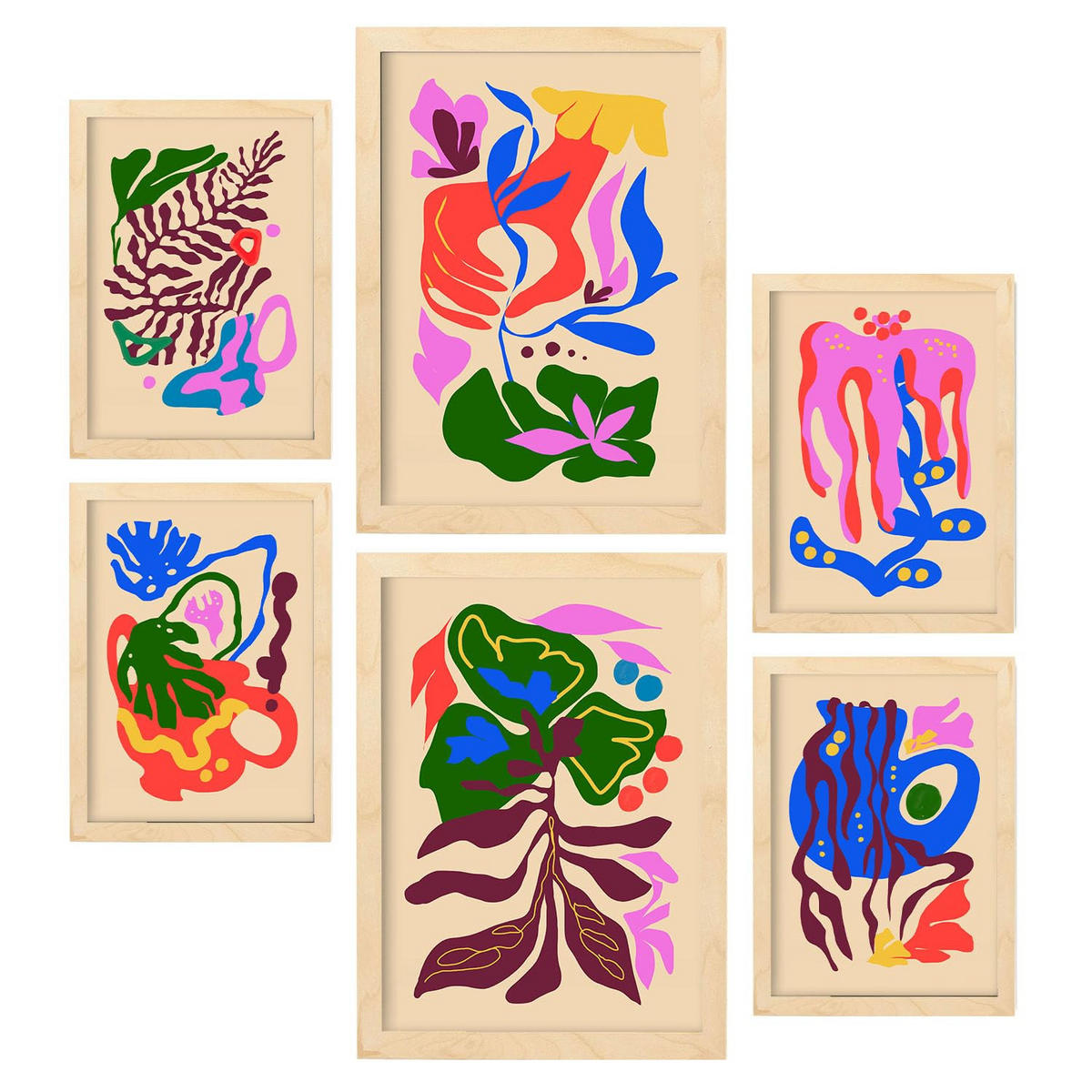 POSTER Set Mit 6 Malerisch 2 In Blume Zusammenfassung Ästhetische Dekorative Gemälde Für Ihr Wohnzimmer Zuhause A3 & A4 Rahmen Aus Hellem Holz - Beige, Papier (29/3cm) - Nacnic
