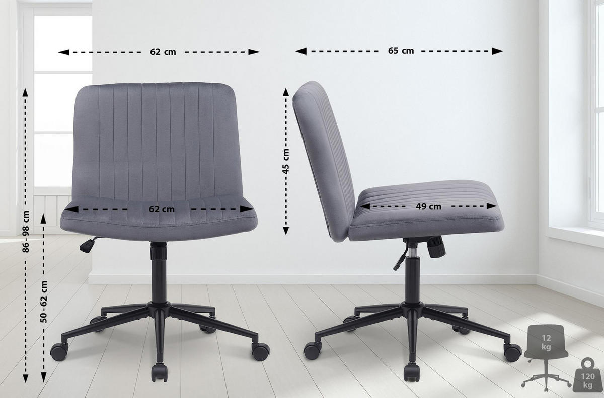 BÜROSTUHL Lynox Samt dunkelgrau - Dunkelgrau/Schwarz, Metall (62/98/65cm) - TPFLiving