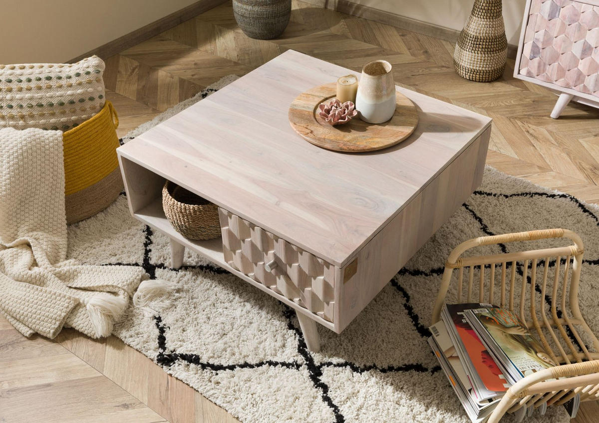 COUCHTISCH Akazie 70x70x40 weiß lackiert MOSAYK #217 - Weiß, Holz (70/70/40cm) - Massivmoebel24