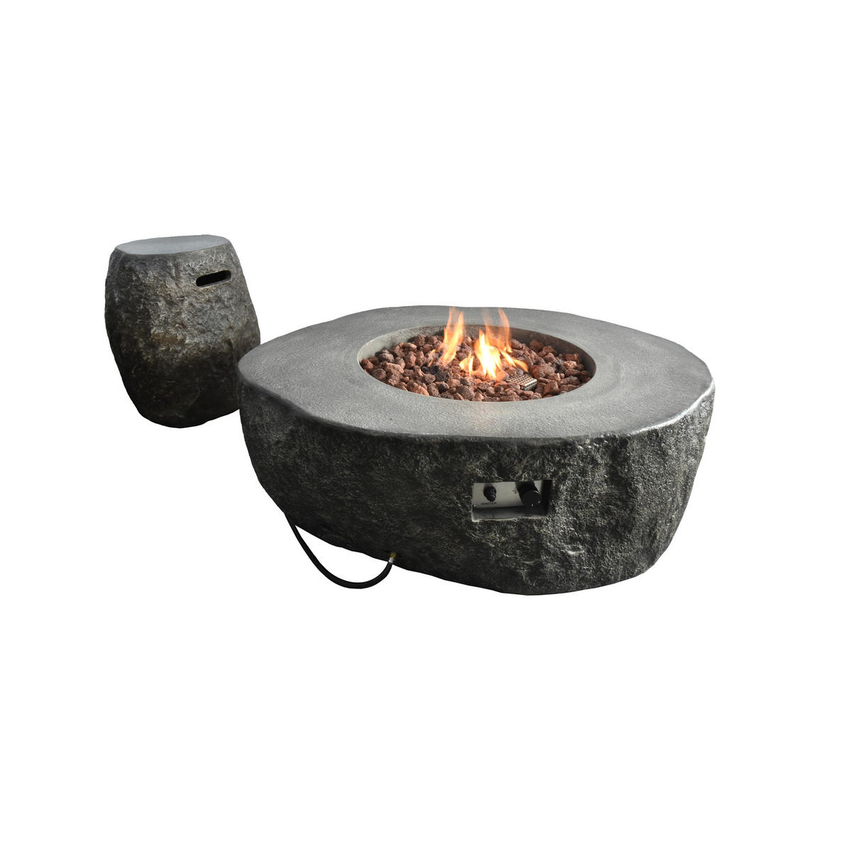 FEUERTISCH Boulder Gasfeuerstelle aus GF-Beton - 4-tlg. Set inkl. Glasumrandung, Brennerabdeckung und Gasflaschen-Abdeckung - Naturfarben, Naturmaterialien (89/41/110cm) - Elementi