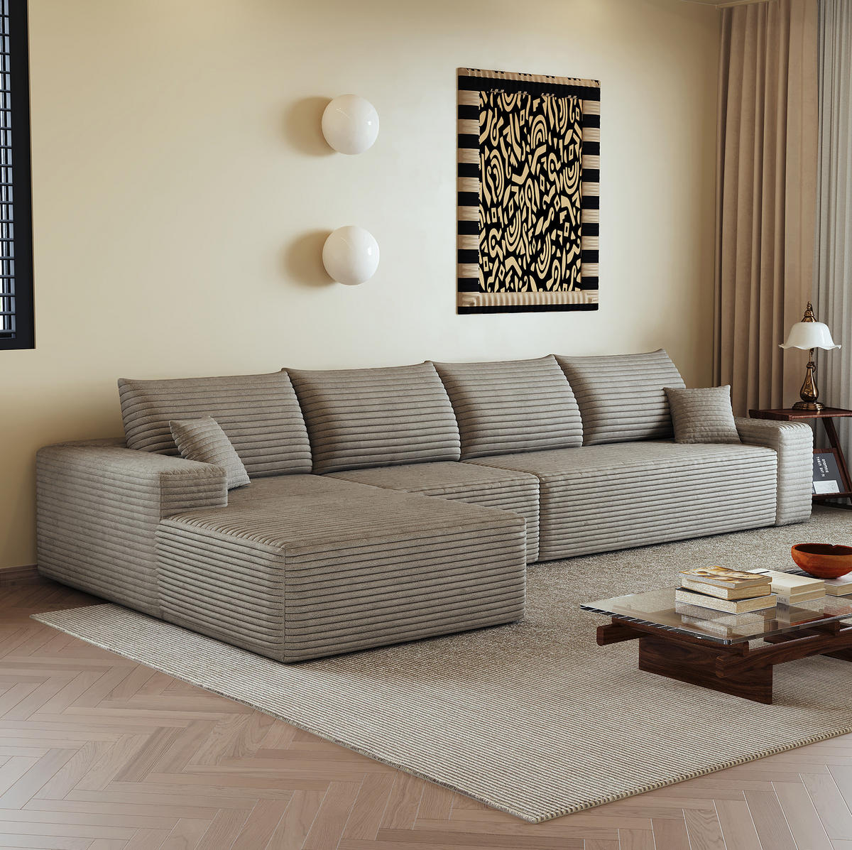 ECKSOFA 340/175/83 cm in Camel aus Cord mit hoher Komfortsitzfläche - Haselnussfarben, Textil (175/340cm) - Flora Grace