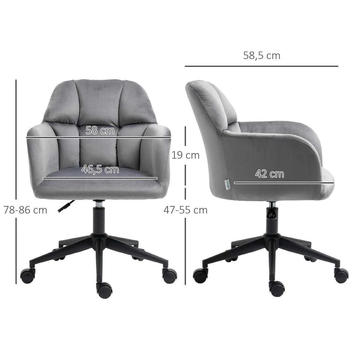 BÜROSTUHL mit Rollen, Höhenverstellbarer Schreibtischstuhl mit Samt-Optik Grau - Dunkelgrau, Kunststoff (58.5/86/58cm) - Vinsetto