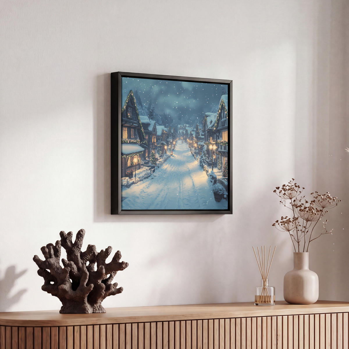 LEINWAND Bilder mit Rahmen - Weihnachtsdorf - Weihnachten - Schnee - Winter - 20x20 - Dunkelblau, Textil (20/20cm) - MuchoWow