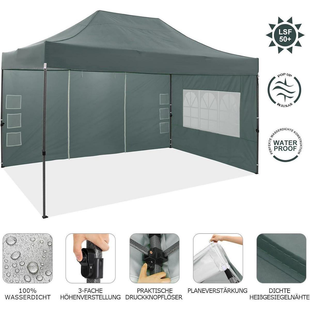 FALTPAVILLON 300 x 450 cm Grau Wasserdicht mit 4 Seitenwänden - Olivgrün, Textil (300/240/450cm)