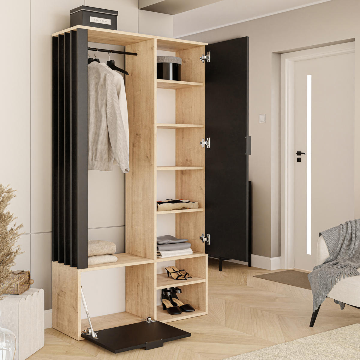GARDEROBENSCHRANK mit Spiegel-mit Ablagen und Kleiderstange - Schwarz/Braun, Holzwerkstoff (100/190/33cm) - Idohome