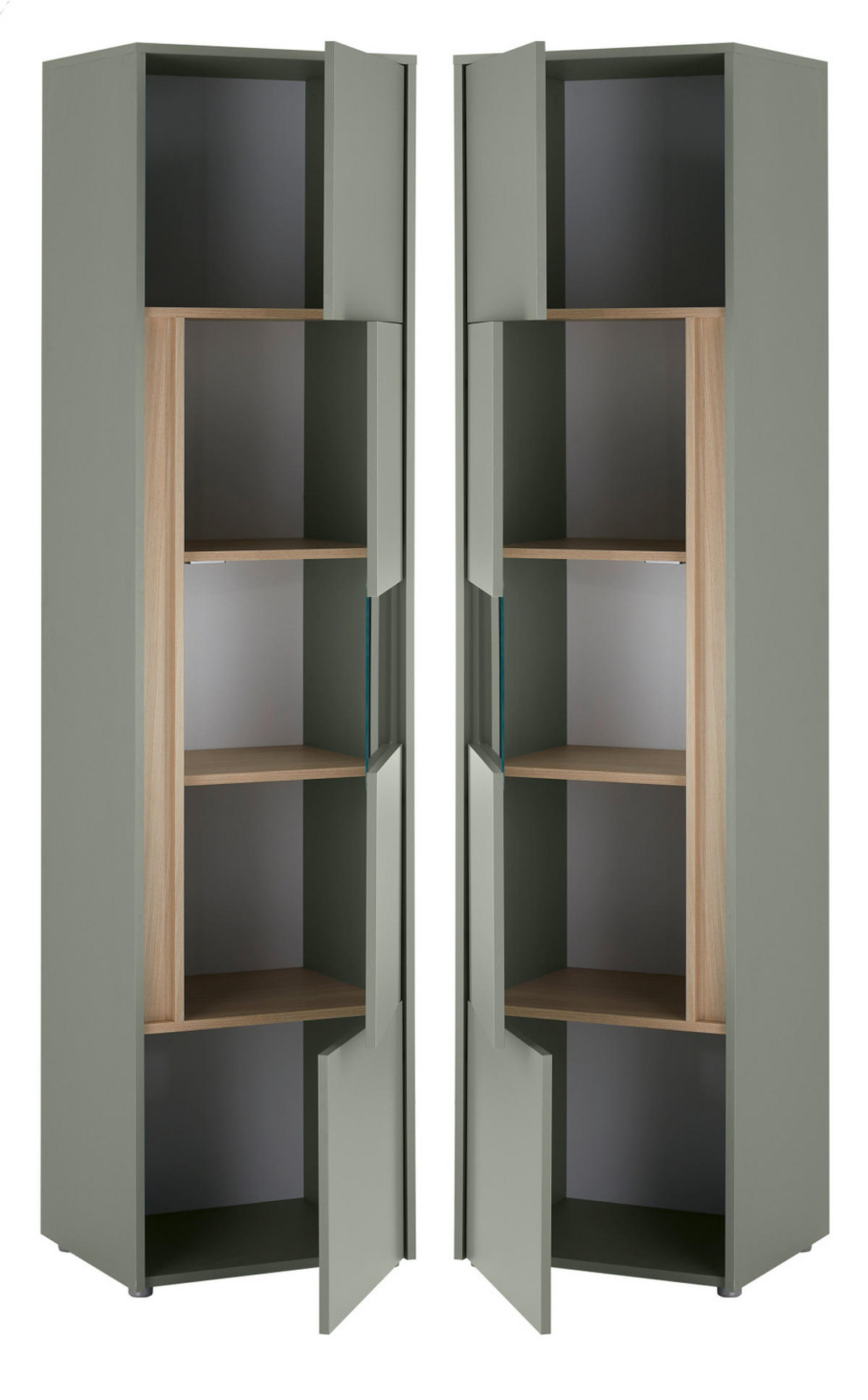 VITRINE Salbei grün, Barista Eiche 50 x 197 cm, Vitrinenschrank mit 5 Fächern - Salbeigrün/Eichefarben, Glas/Holzwerkstoff (50/197/40cm) - Furn.Design