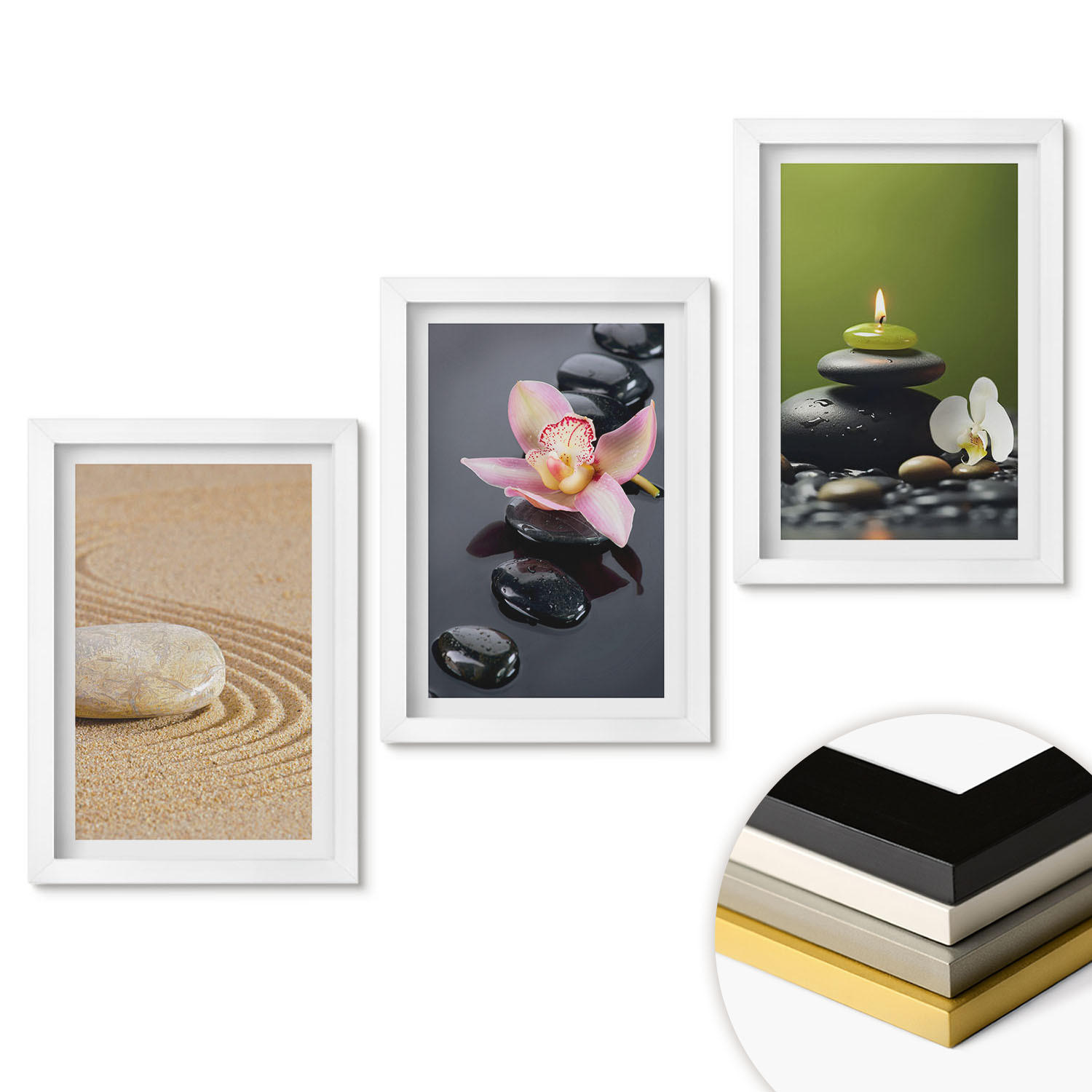 WANDBILDER 3er-Set - 20x30 cm Weißer Rahmen - Entspannende Zen-Steinmotive - Weiß, Kunststoff (20/30cm) - ArtPrintCave
