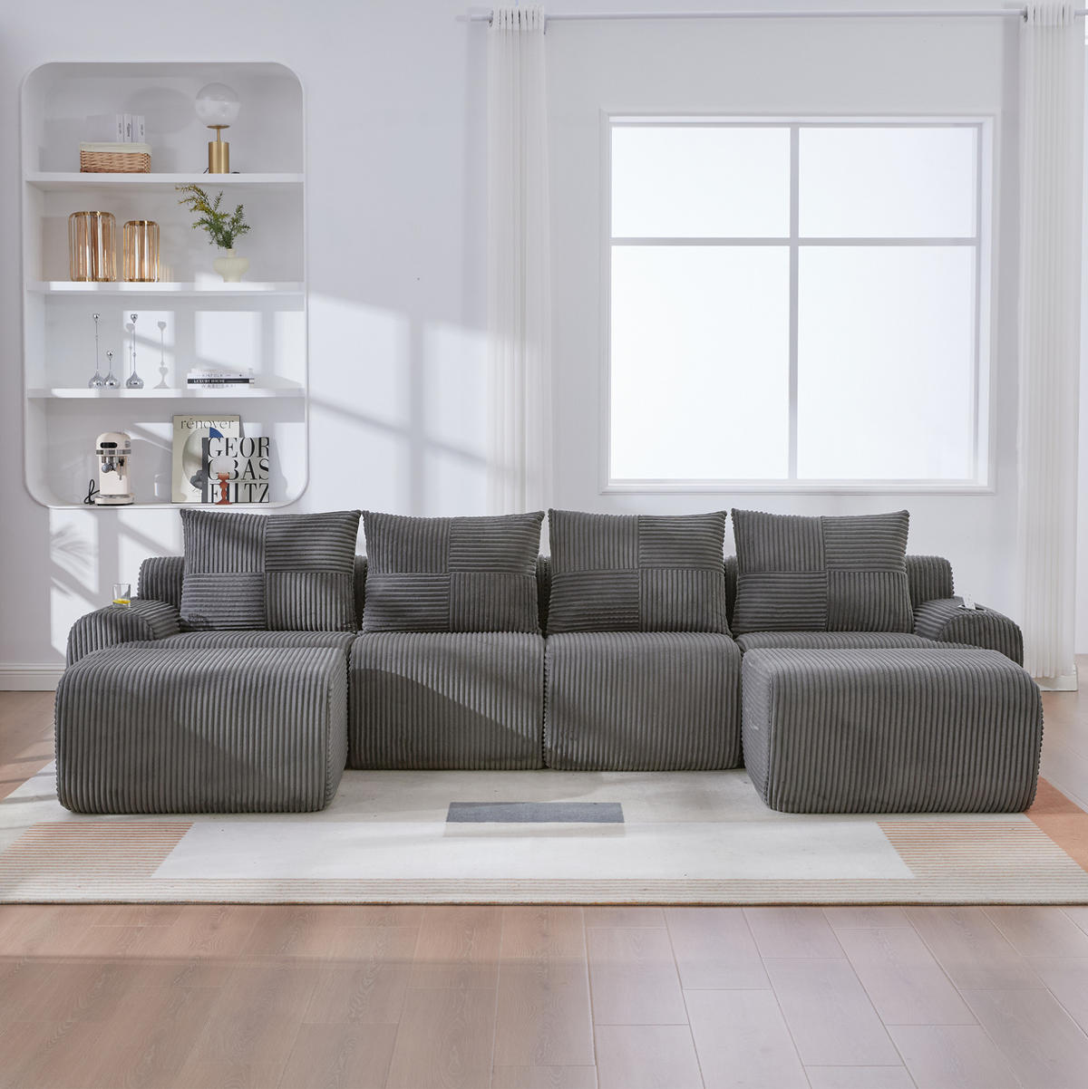 4-SITZER Wohnlandschaft Cord mit Getränkehalter und Seitentasche inklusive 2 Hocker 333/174/80 cm Dunkelgrau - Dunkelgrau, Textil (174/80/333cm) - Redom