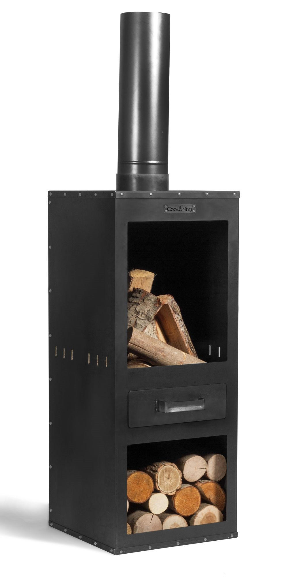 GARTENOFEN Delaware Stahl 150 cm mit Brennkammer & Holzlager - Schwarz, Metall (40/150/40cm) - Mr. Deko