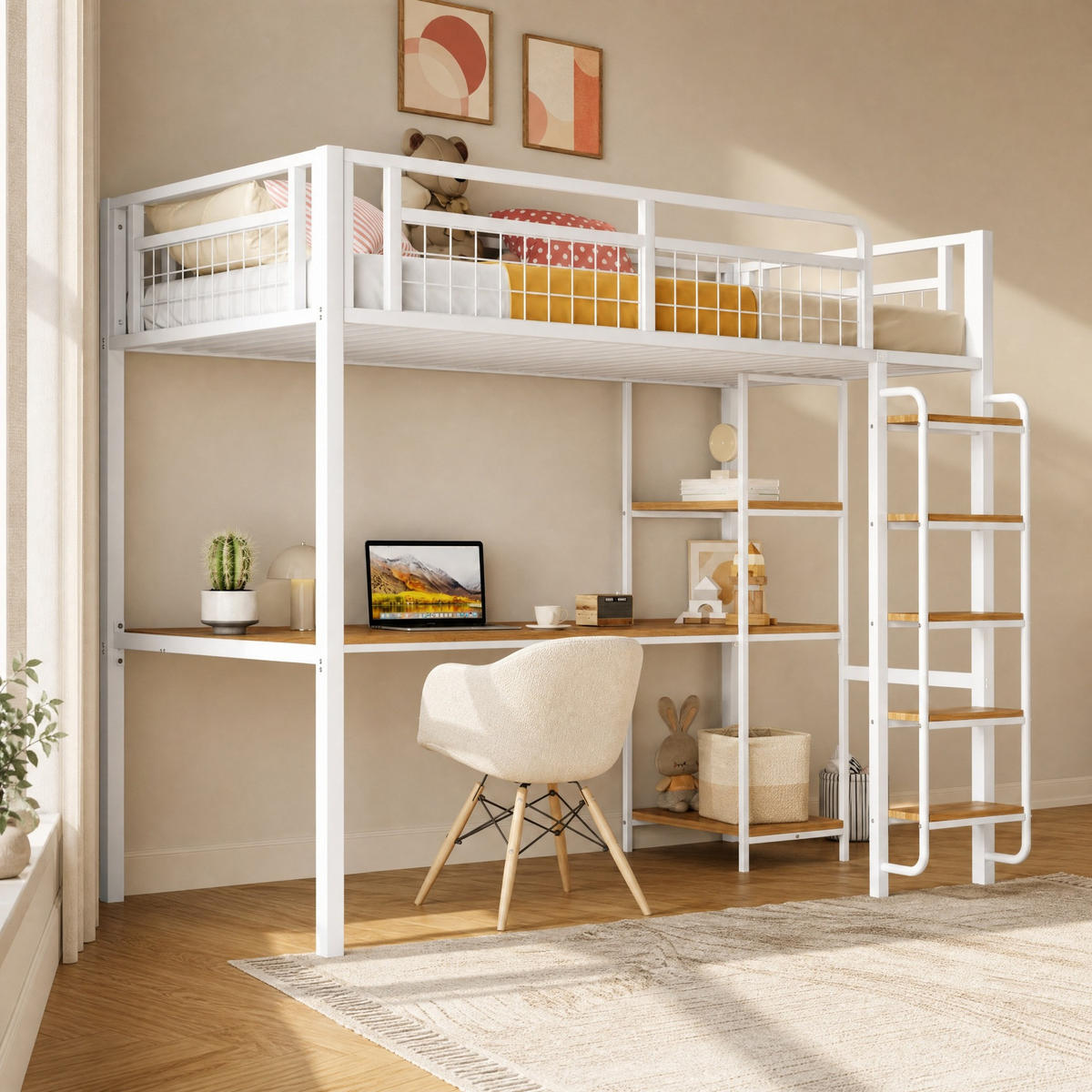 HOCHBETT 90/200 mit Schreibtisch, Regalen und Sicherheitsleiter in Weiß - Weiß, Holz/Metall (90/200cm) - EVRYAE