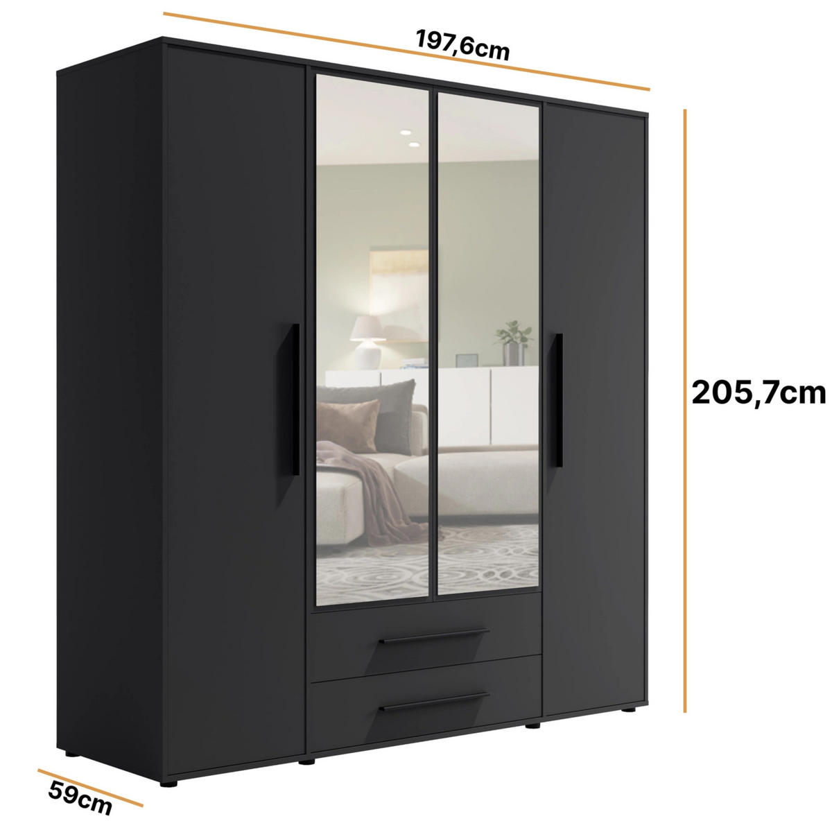 KLEIDERSCHRANK Modena in Schwarz, mit Spiegel, mit Tür, mit Türen und Schubladen - Schwarz, Holzwerkstoff/Kunststoff (200/206/59cm) - Ravio