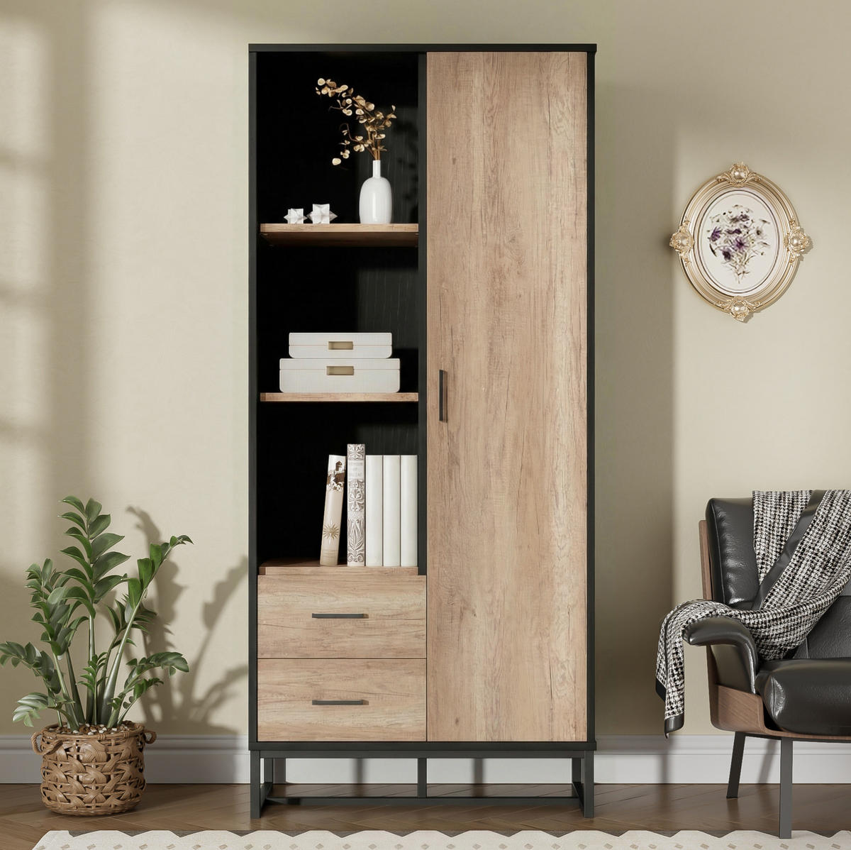 HIGHBOARD mit Schubladen 80/40/180 cm in Holzoptik und Schwarz - Schwarz, Holzwerkstoff (80/180/40cm) - BEAOK