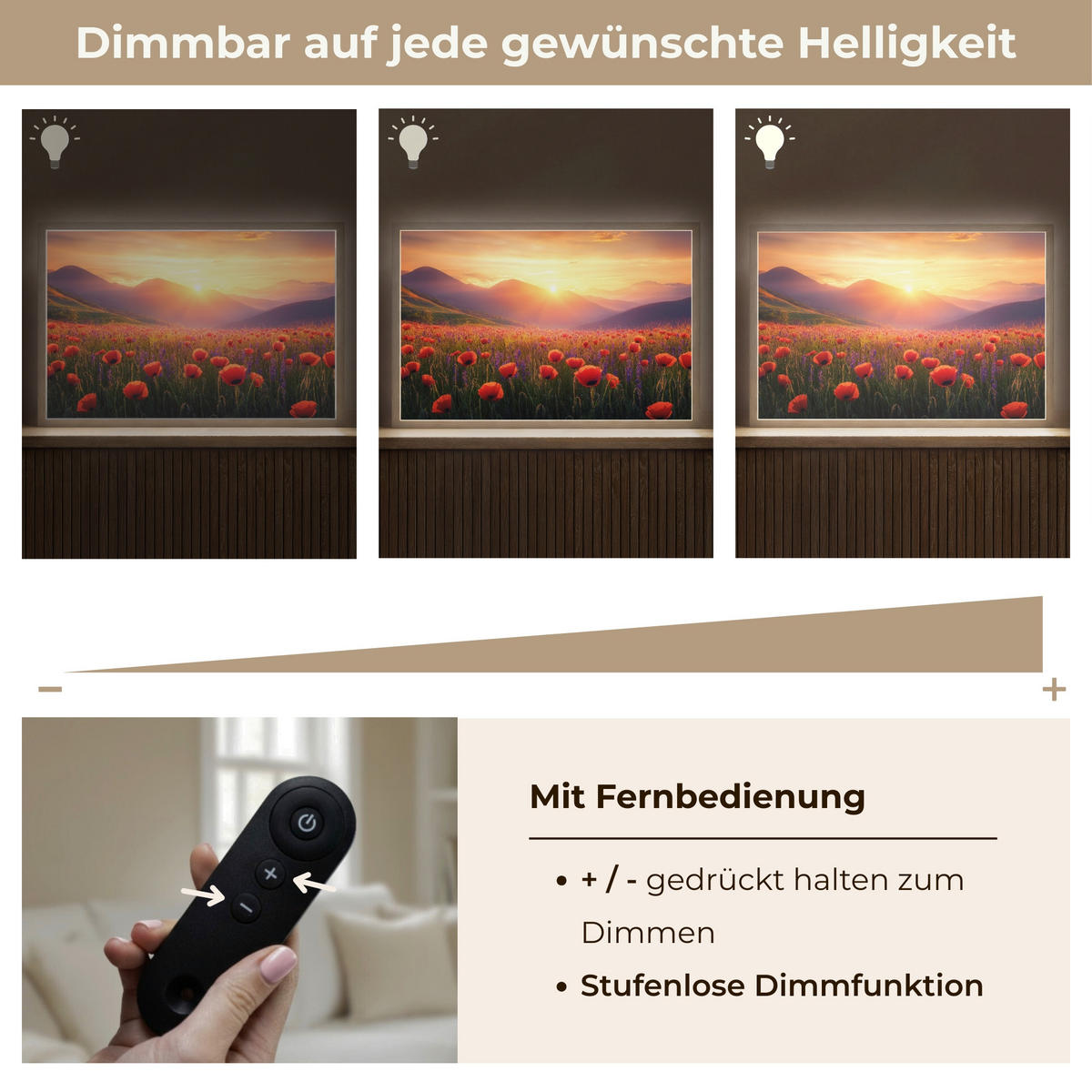 WANDLEUCHTE MIT AKKU Landschaft - Sonnenuntergang - Blumenfeld 60x40 cm - Rot, Holzwerkstoff (60/40/8cm) - OnlyWow