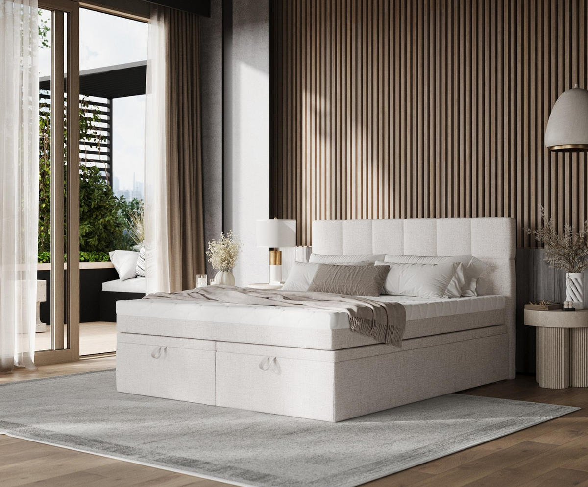 BOXBETT Elano 140/200 cm Hellbeige im Neve Stoff - Sandfarben/Schwarz, Holz/Holzwerkstoff (140/200cm) - AltaBeds