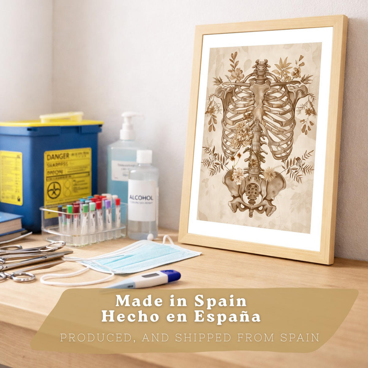 POSTER Set aus 2 Anatomie Mensch Drucke und Wandbilder mit Skelett Schädel Wirbelsäule Rippen Becken Klassischer Stil Größe Leichter Holzrahmen A3 - Beige, Papier (29.7/42/3cm) - Nacnic