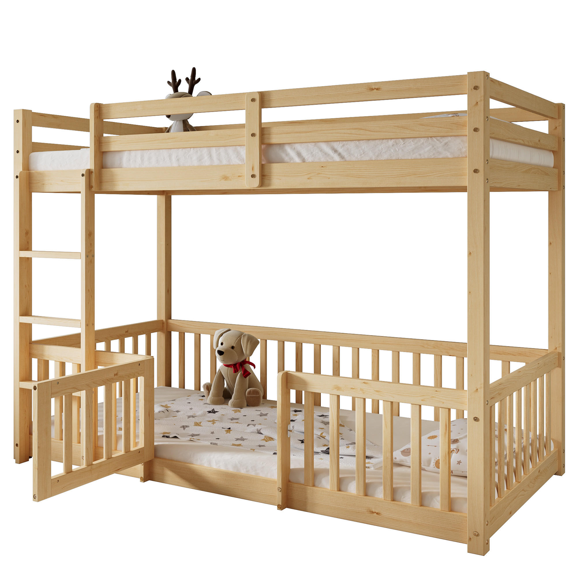 ETAGENBETT 90x200 cm, mit Schutzgeländer & rechtwinkliger Treppe, Massivholz, Natur - Naturfarben, Holz (90/200cm)