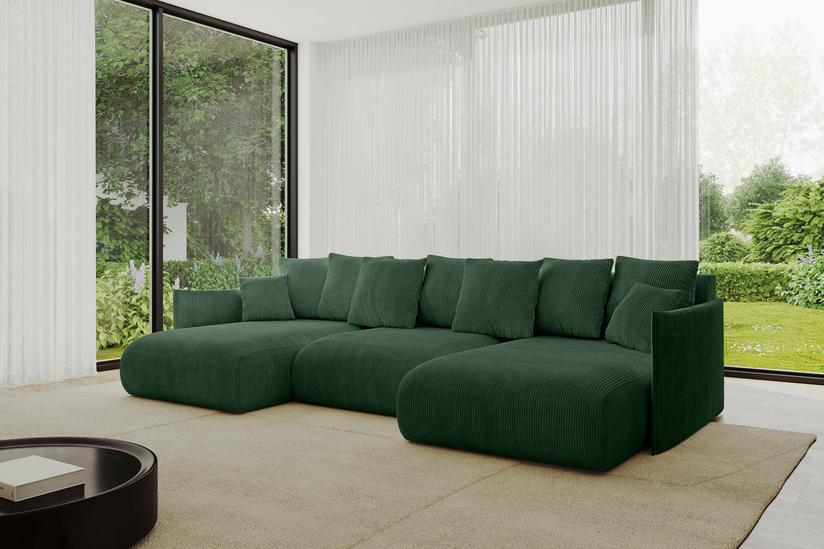 WOHNLANDSCHAFT mit Schlaffunktion und Bettkasten ONESK-U 317x177x72 Grün Cord - Grün, Holzwerkstoff/Kunststoff (317/72/177cm) - ALTDECOR