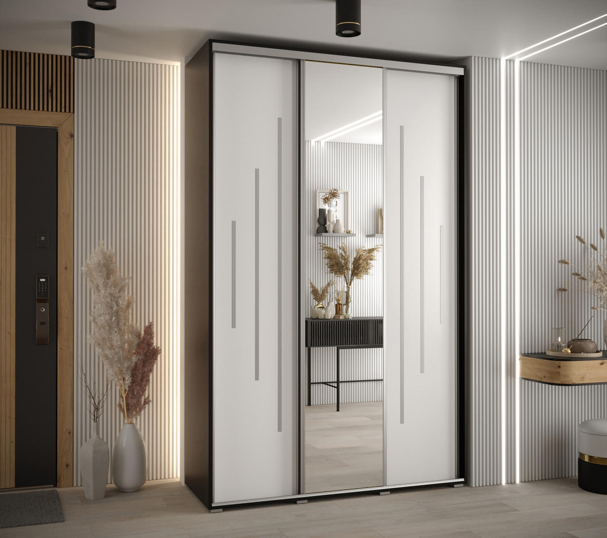 SCHWEBETÜRENSCHRANK 235,2/160/60 3-türig - Silberfarben/Schwarz, Holz/Metall (160/235/60cm) - Abiks Möbel