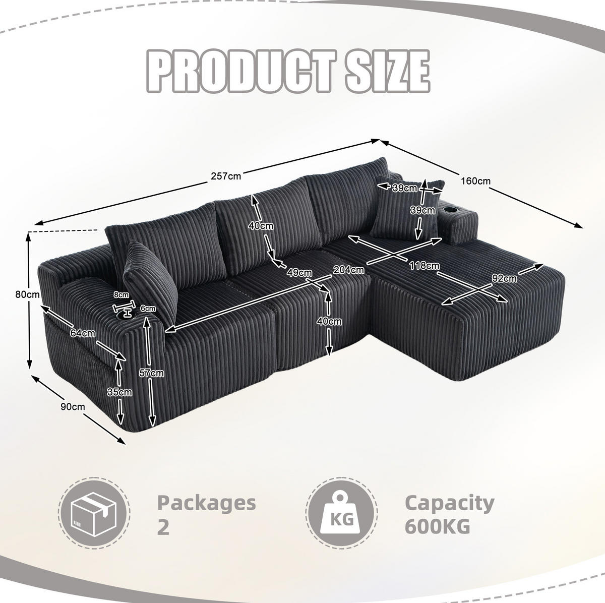 ECKSOFA 257/90-160/62 cm Grau aus Cord mit Chaiselongue - Grau, Textil (160/257cm) - OKMYHOME