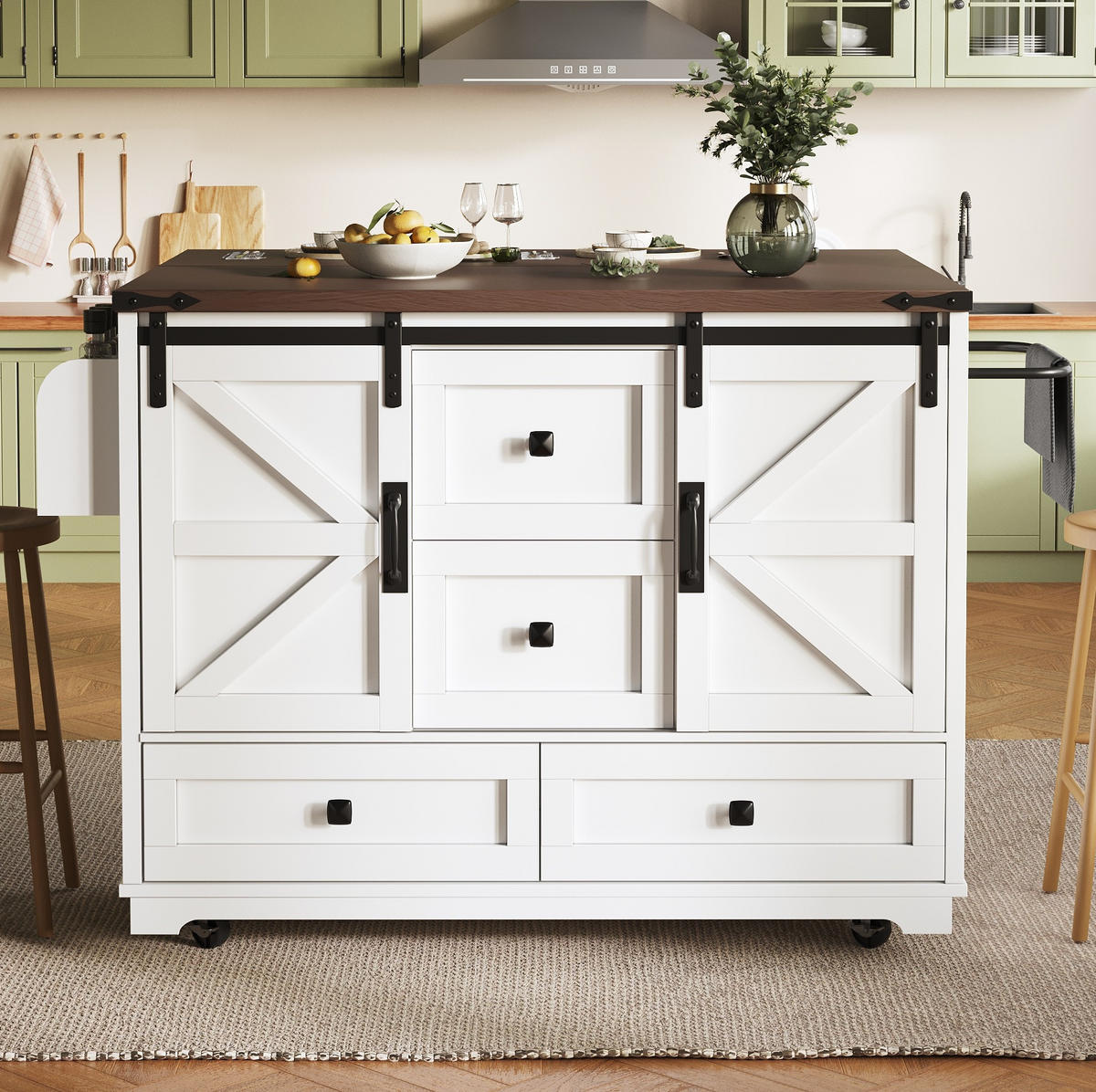 KÜCHENINSEL 142,5/45-73/92,5 cm mit Klapptisch, Schiebetüren im BarnDoor-Design und Stauraum, Weiß, MDF/Metall - Weiß, Holzwerkstoff (142.5/92.5/45cm) - Redom