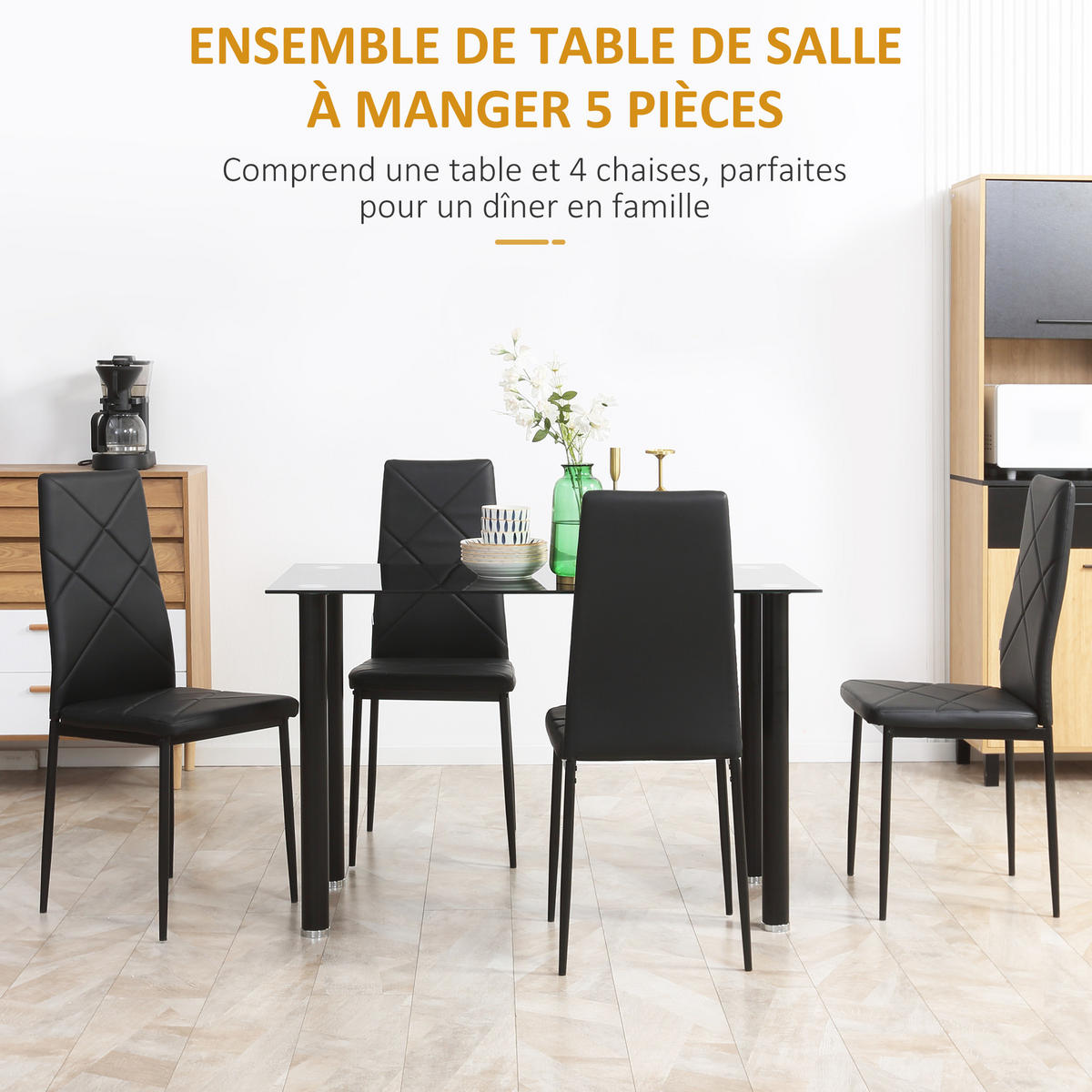 ESSGRUPPE mit 4 Stühlen, Tischplatte aus gehärtetem Glas, Stahlbeine, für Küche oder Wohnzimmer, schwarz - Brombeere, Metall (120/75/60cm)