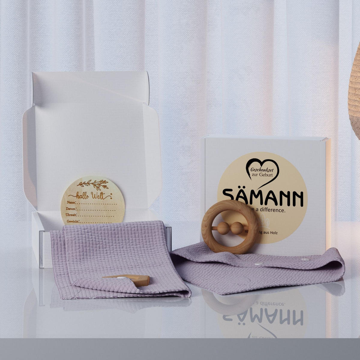 BABY Geschenkset 4-tlg. zur Geburt mit Halstuch, Rassel, Karte, Schmusetuch flieder - Flieder, Textil (10/10cm) - Sämann – make a difference.