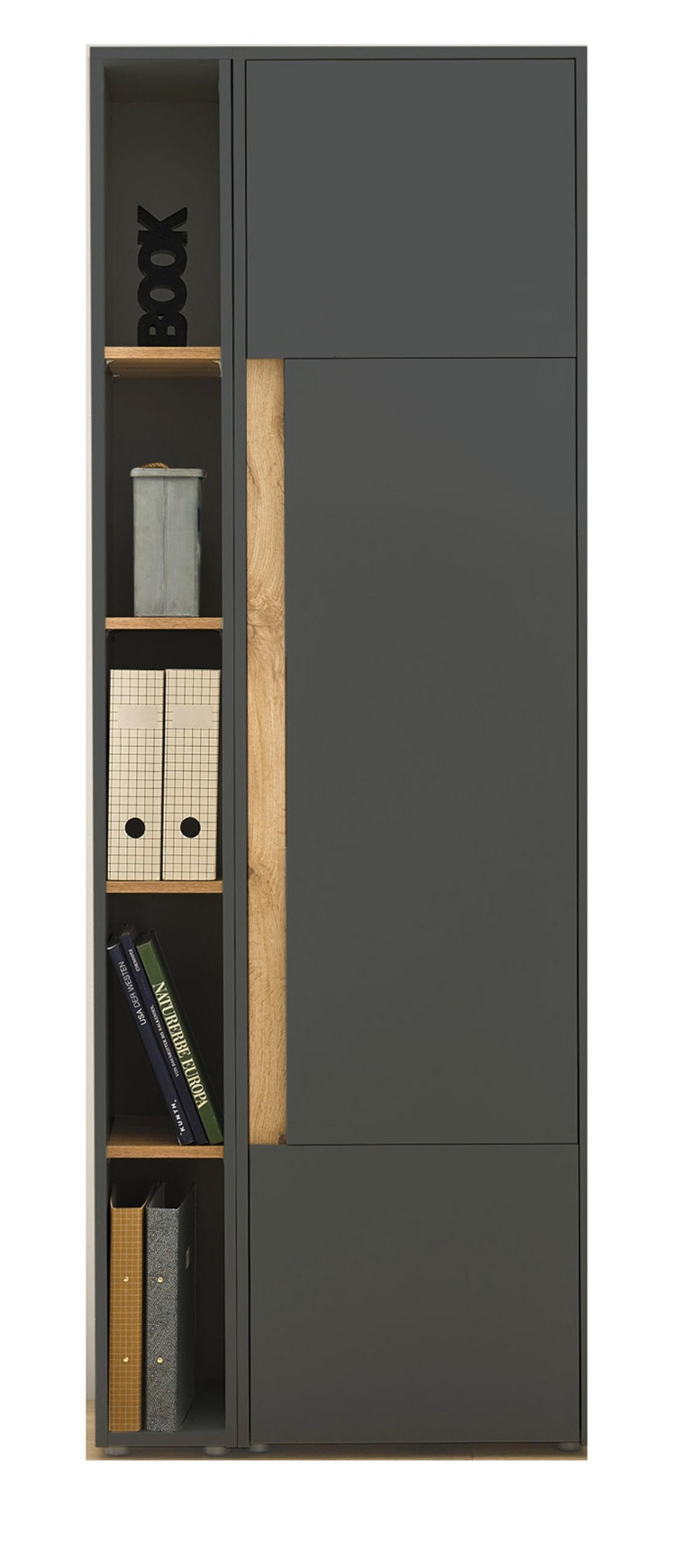AKTENSCHRANK Set 2-teilig grau, Eiche Wotan 70 x 200 cm, Schrank-Regal-Kombination mit 5 Ordnerhöhen - Eiche Wotan/Schwarz, Holzwerkstoff/Kunststoff (70/200/40cm) - Furn.Design