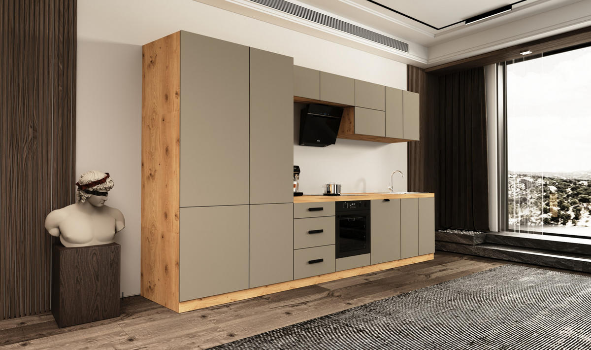 KÜCHENZEILE 360 cm - Langen KL19-M360 - in Beige/ Matt - Beige/Schwarz, Holz/Metall (360/212/58cm)