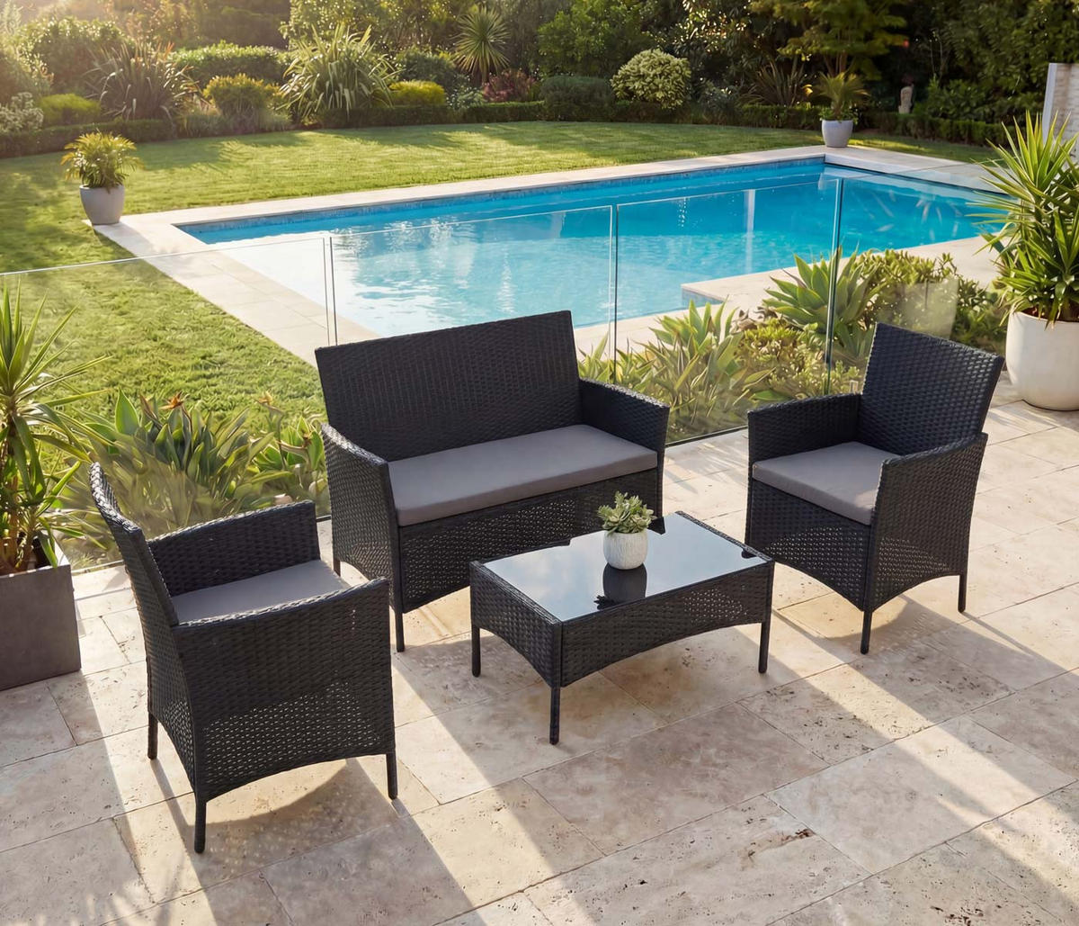 POLY-RATTAN GARTEN-GARNITUR Anthrazit - Anthrazit, Kunststoff - MCW