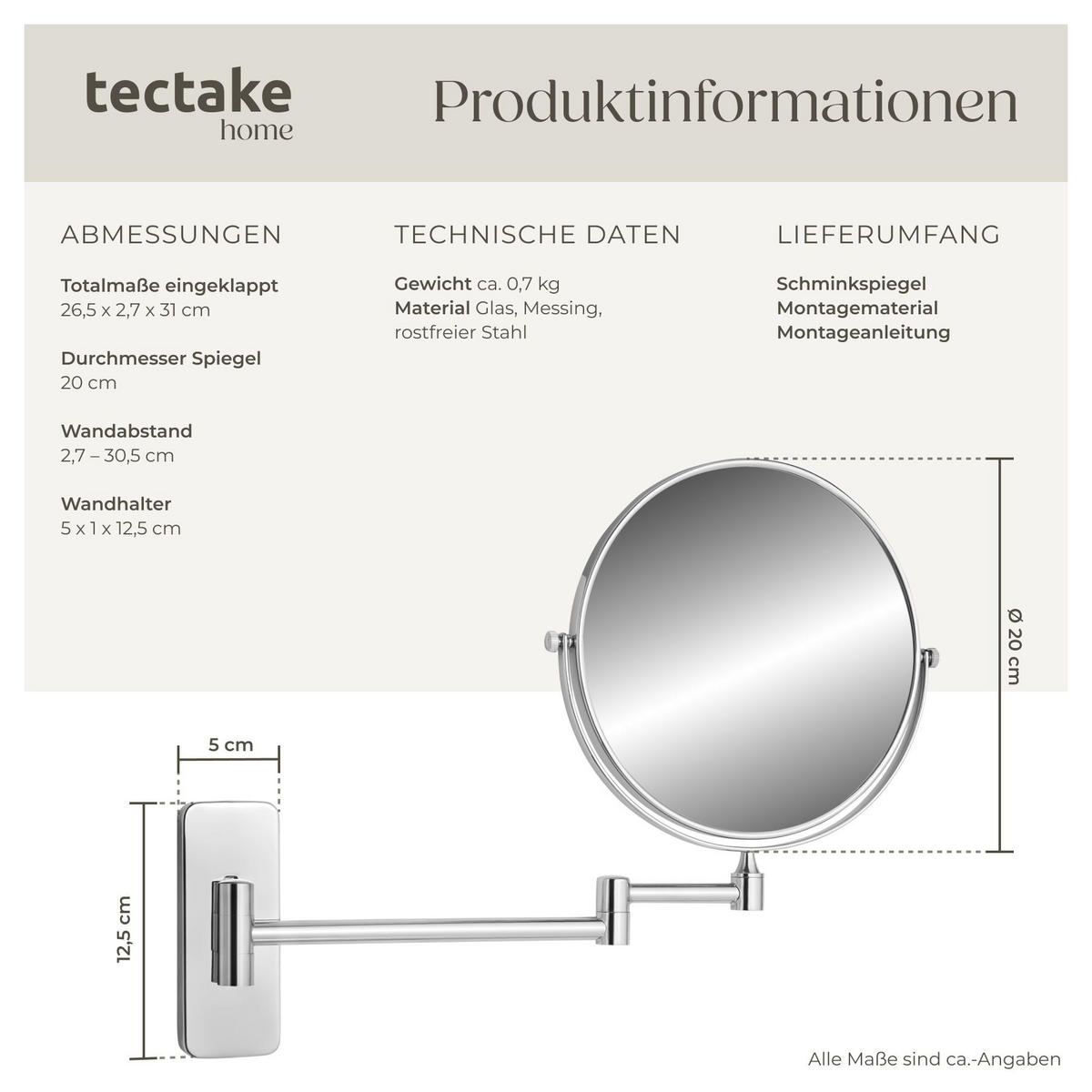 KOSMETIKSPIEGEL , doppelseitig, Ø 20 cm, silber - Silberfarben, Glas (2.7/31/26.5cm) - tectake