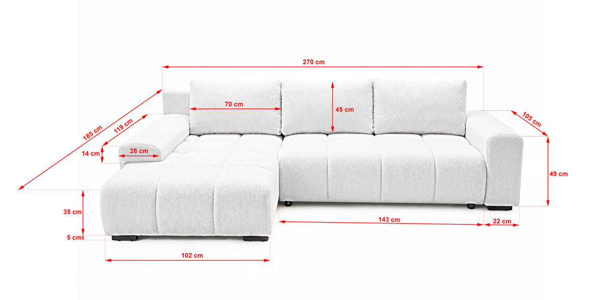 ECKSOFA Ovia mit Bettkasten und Schlaffunktion, Bouclé-Stoff in L-Form - Weiß, Textil (270/185cm)