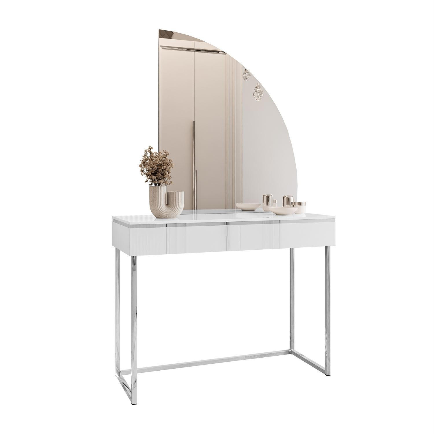 SCHMINKTISCH AURORA-Q SILVER Hochglanz Weiß auf silbernem Gestell - Weiß Hochglanz, Holzwerkstoff (102/78.5/43.6cm) - Lookway