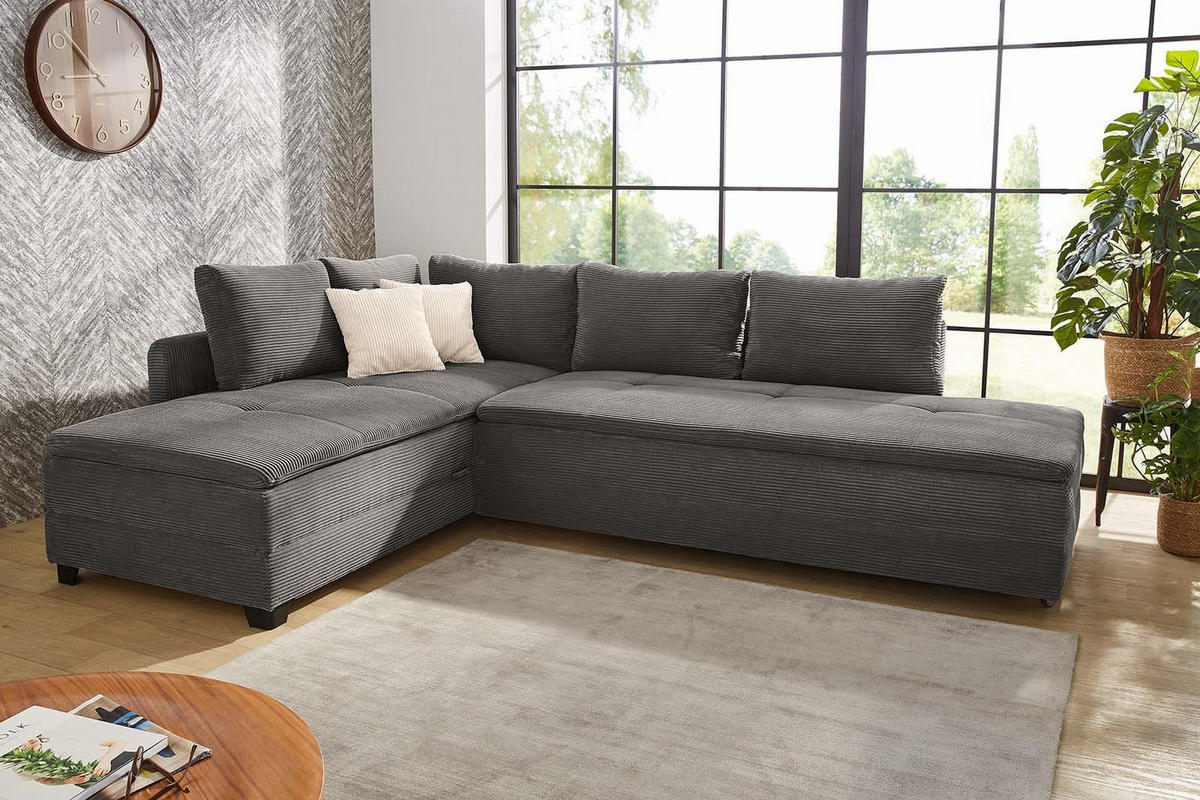 ECKSOFA-DAUERSCHLÄFER Doppelbett Boxspring Federkern Topper, seitenverkehrt montierbar B306/T223/H95 cm, Cord Grau Anthrazit / 15163 - Anthrazit/Schwarz, Kunststoff/Textil (306/223cm) - luma-home