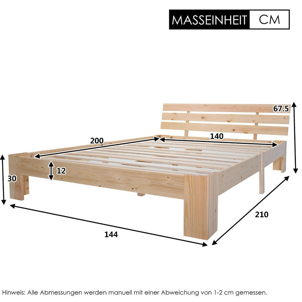 BETT aus Massivholz 140x200 cm in Natur mit Lattenrost - Naturfarben, Holz (140/200cm) - Modfu