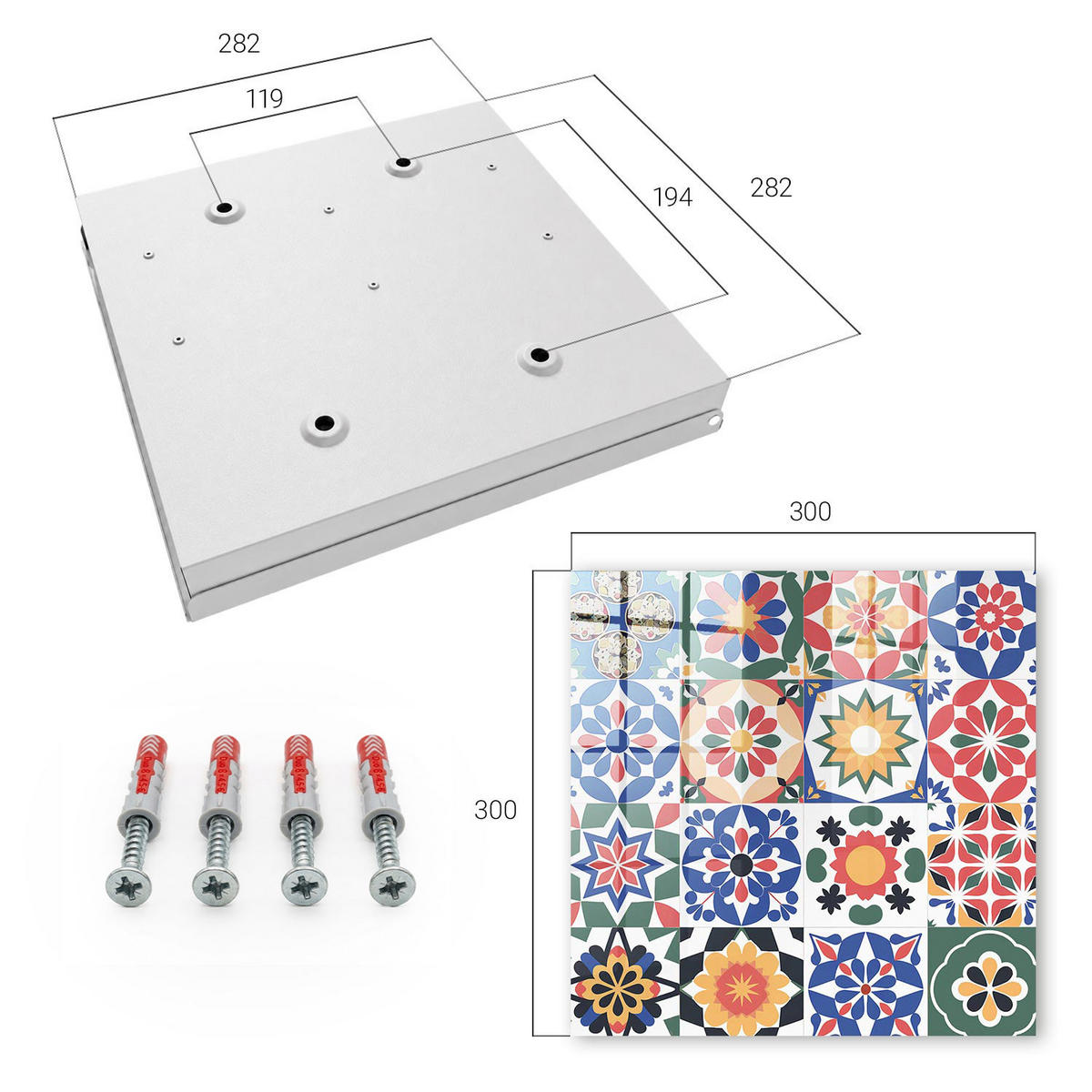 SCHLÜSSELBOX Weiß 30x30 cm – Türöffnung nach rechts - Blumenmosaik - Blau, Metall (30/30/5cm) - TULUP