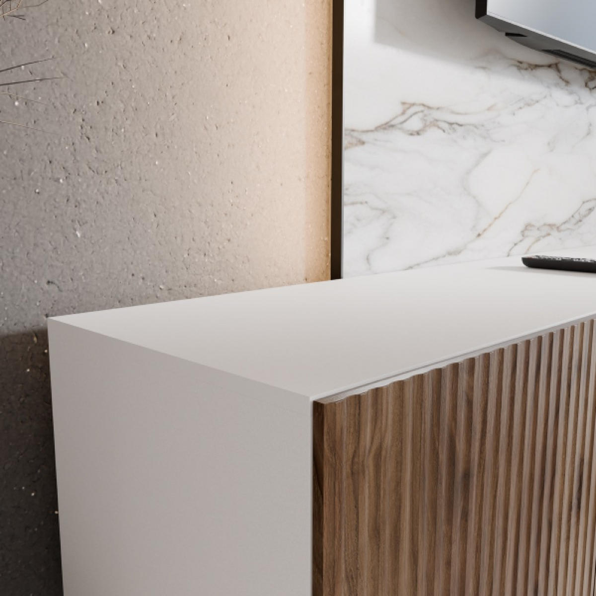 TV-SCHRANK Weiß Katania Eiche Geschlossen Gerillt 300 cm - Eichefarben/Weiß, Holzwerkstoff (300/41/40cm) - Sepro Meble