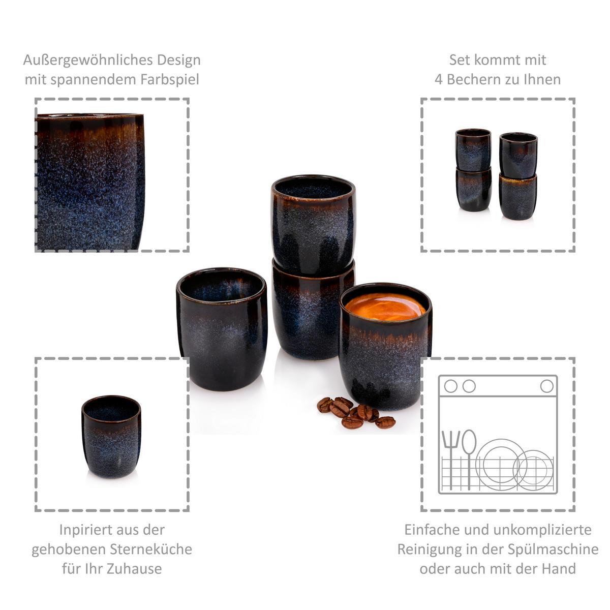 ESPRESSOBECHER SET TOKIO - 4 teilig aus Steingut - Dunkelblau, Keramik (0.1L) - Sänger