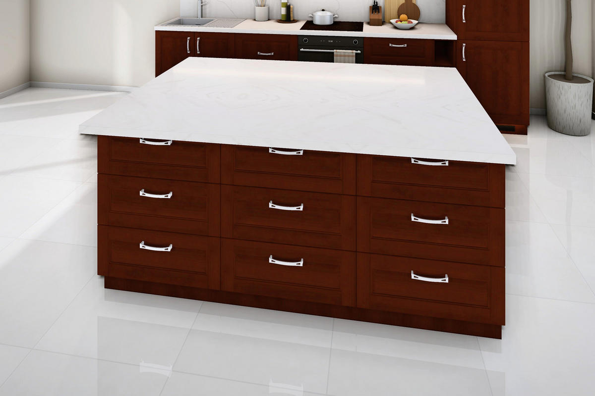 INSELKÜCHE Sycylia Milano Walnuss – 340 cm + Insel 180 cm – K49-G340 - Silberfarben/Nussbaumfarben, Holzwerkstoff/Metall (340/212/60cm) - ROYAL24_MARKT