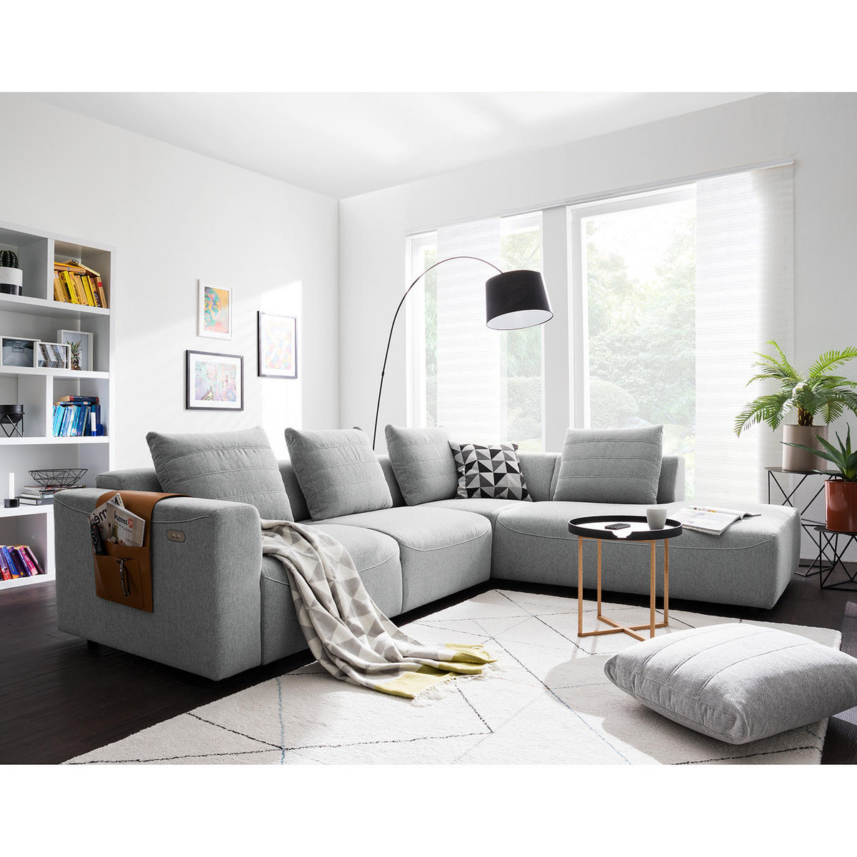 ECKSOFA mit Ottomane - Webstoff - Hellgrau/Schwarz, Kunststoff/Textil (283/237cm) - home24