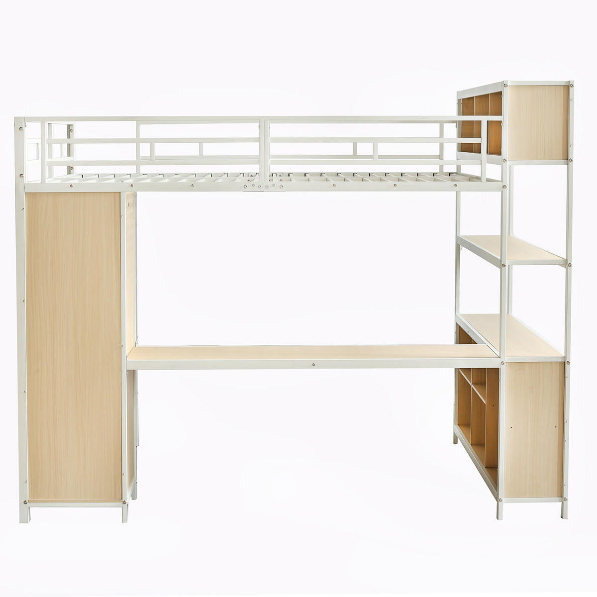 HOCHBETT 140/200 cm DE-02275, in Weiß/Natur, mit Stauraum, Kleiderschrank und Schreibtisch - Weiß, Holzwerkstoff/Metall (140/200cm) - ComfortXL