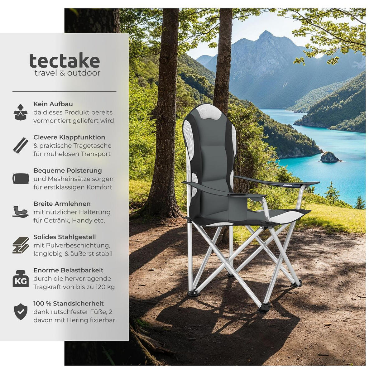 CAMPINGSTUHL , 60 x 88 x 110 cm, grau - Grau, Textil (88/110/60cm) - tectake